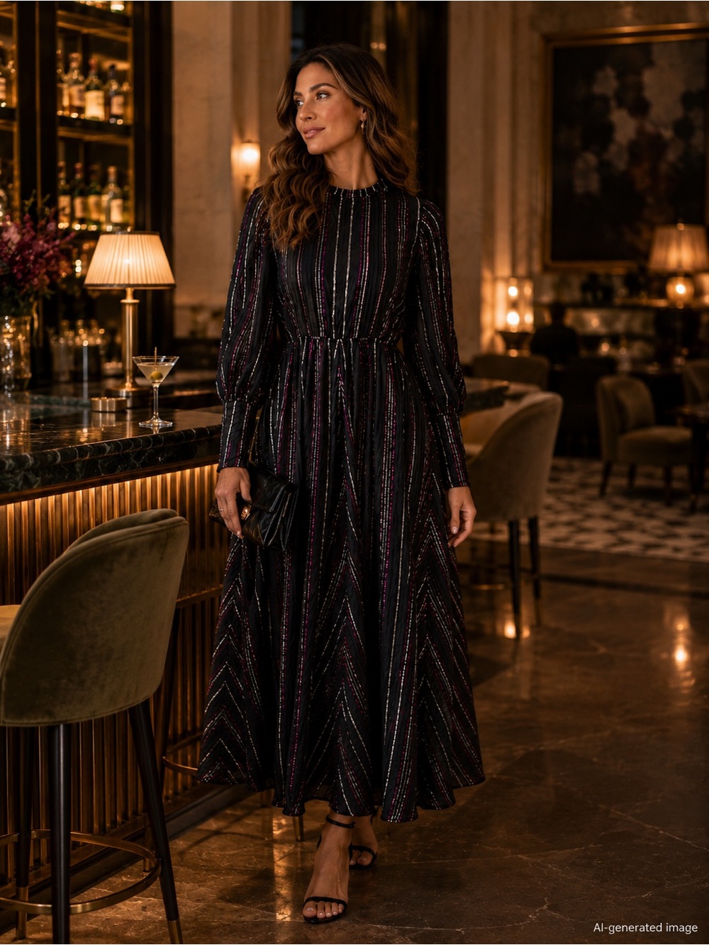 Farm Rio Black Metallic Stripe Maxi Dress S Long Sleeve Evening Party